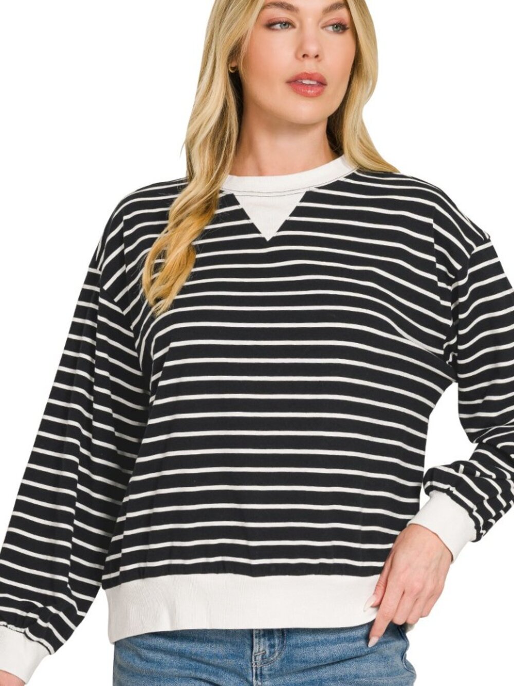 Zenana Striped Rib Banded Sweatshirt